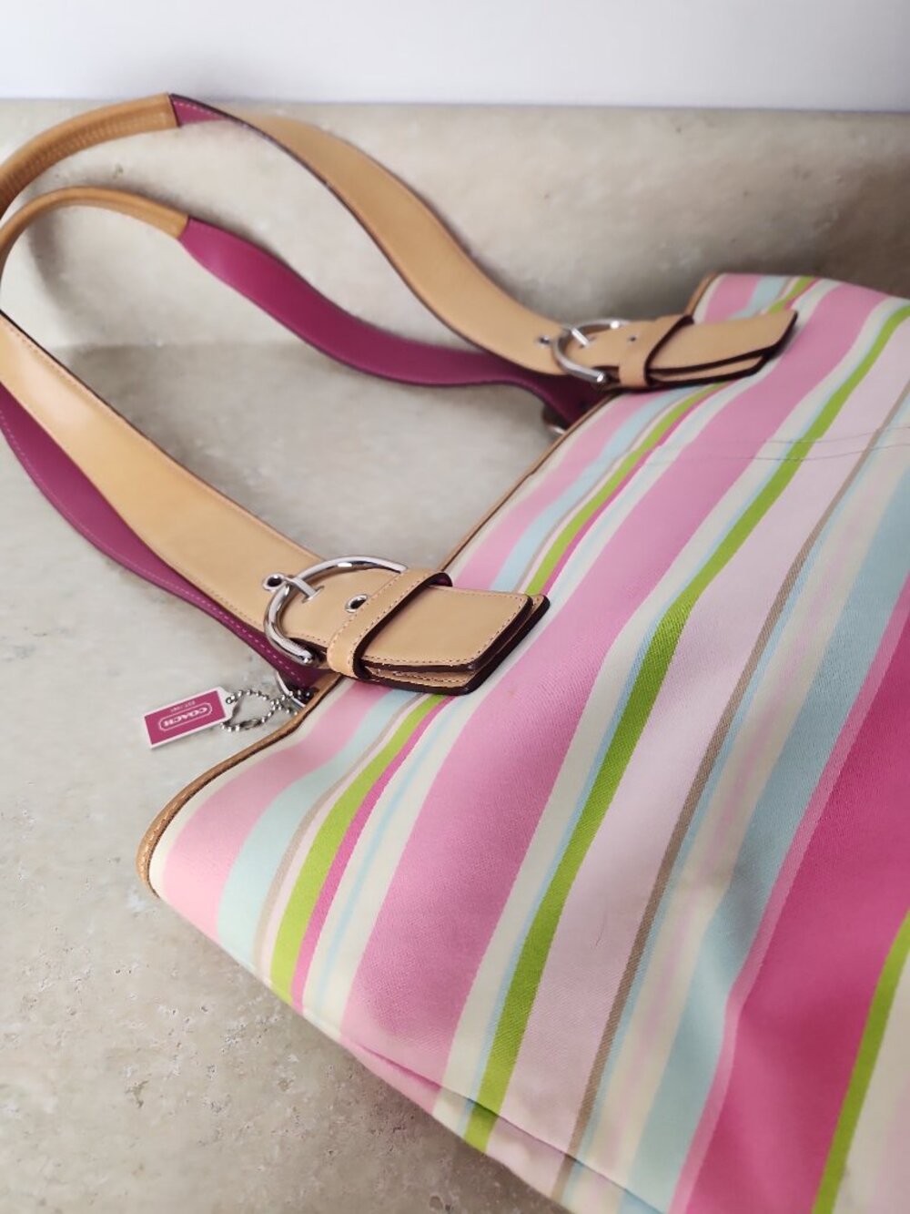 vintage Coach Hampton Stripe Canvas Tote Bag Vachetta leather trim M05S-5175 - Picture 16 of 16